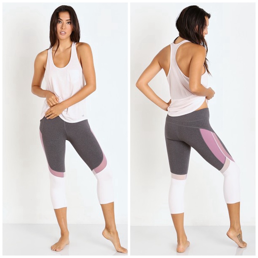 Alo Yoga Colorblock Mesh Capri Leggings Grey Pink Cream Women Size S/M